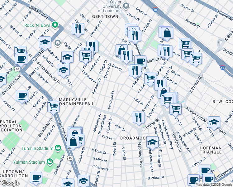 map of restaurants, bars, coffee shops, grocery stores, and more near in New Orleans