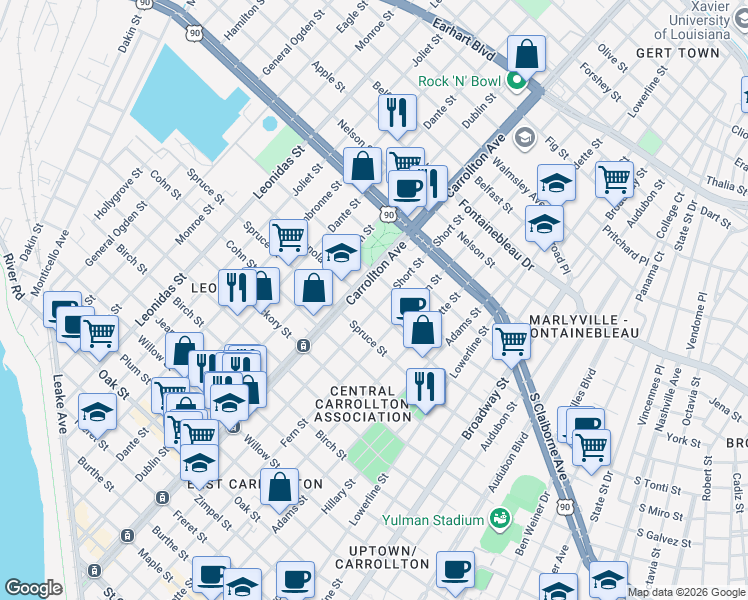 map of restaurants, bars, coffee shops, grocery stores, and more near 8002 Sycamore Street in New Orleans