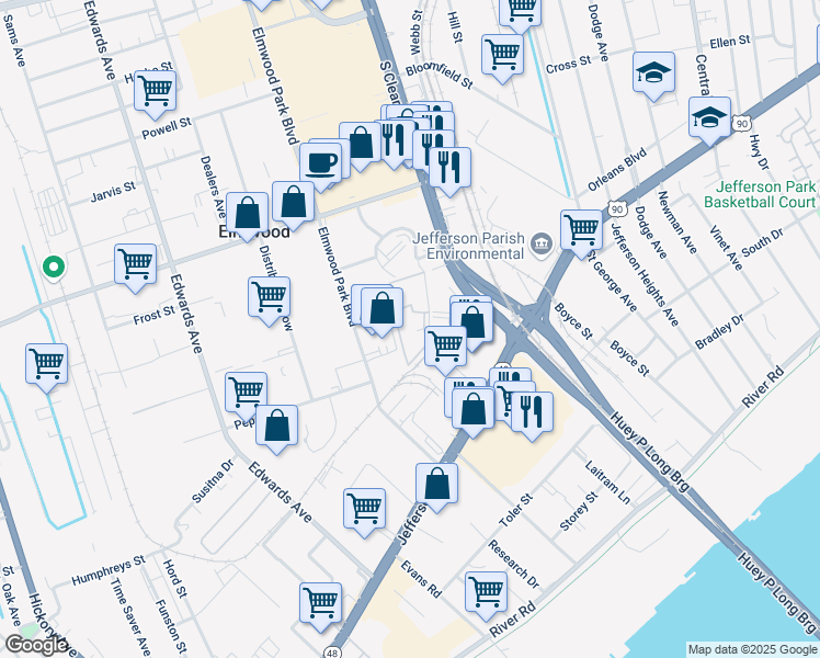 map of restaurants, bars, coffee shops, grocery stores, and more near 880 East Commerce Road in New Orleans