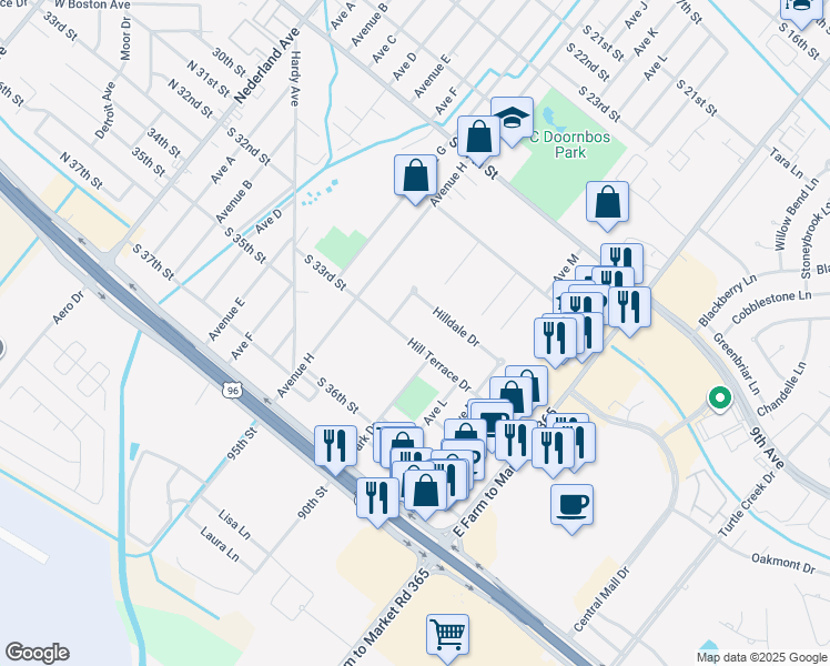 map of restaurants, bars, coffee shops, grocery stores, and more near 135 Hilldale Drive in Nederland