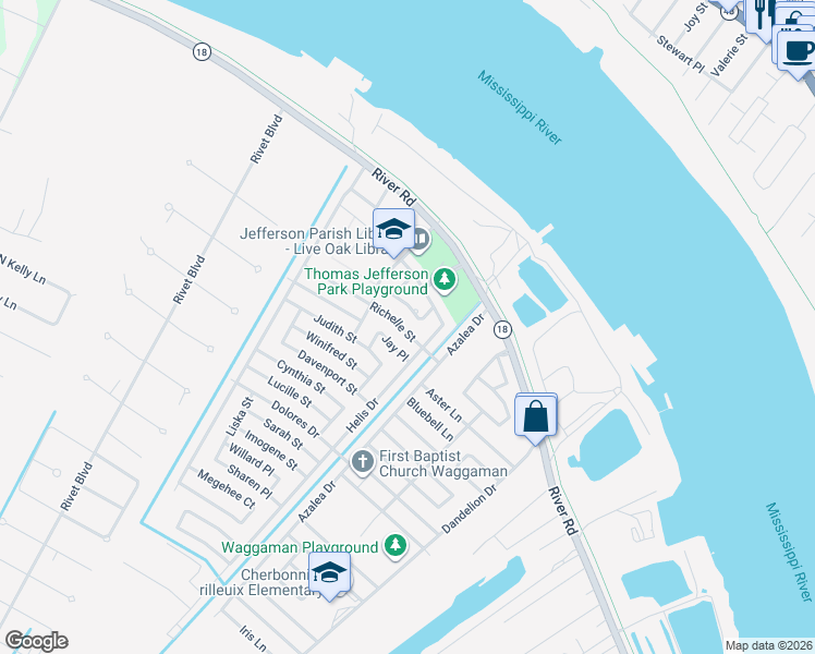 map of restaurants, bars, coffee shops, grocery stores, and more near 12 Halle Place in Westwego