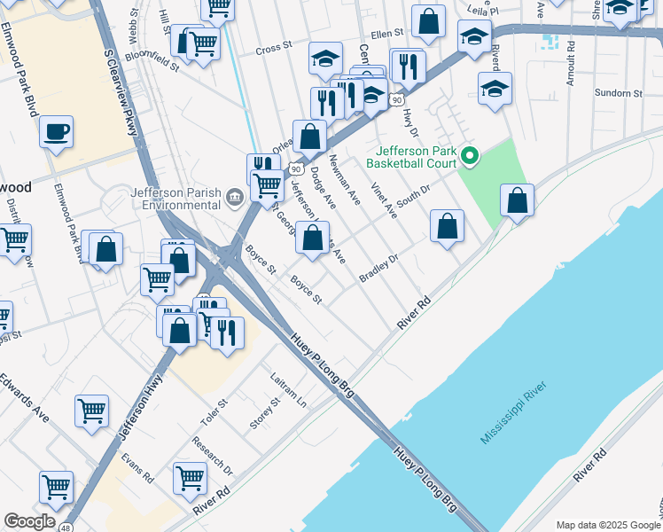 map of restaurants, bars, coffee shops, grocery stores, and more near 233 Saint George Avenue in New Orleans