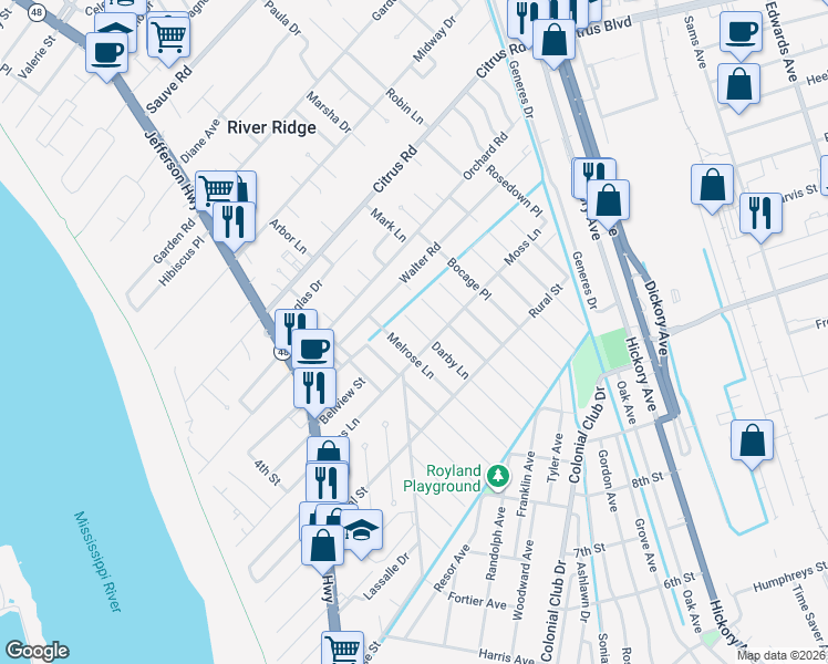 map of restaurants, bars, coffee shops, grocery stores, and more near 9208 Darby Lane in River Ridge
