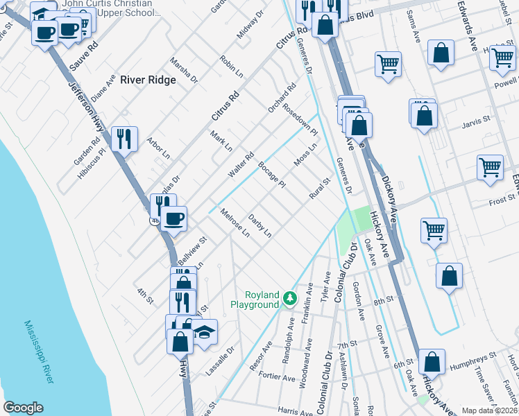 map of restaurants, bars, coffee shops, grocery stores, and more near 901 Moss Lane in River Ridge
