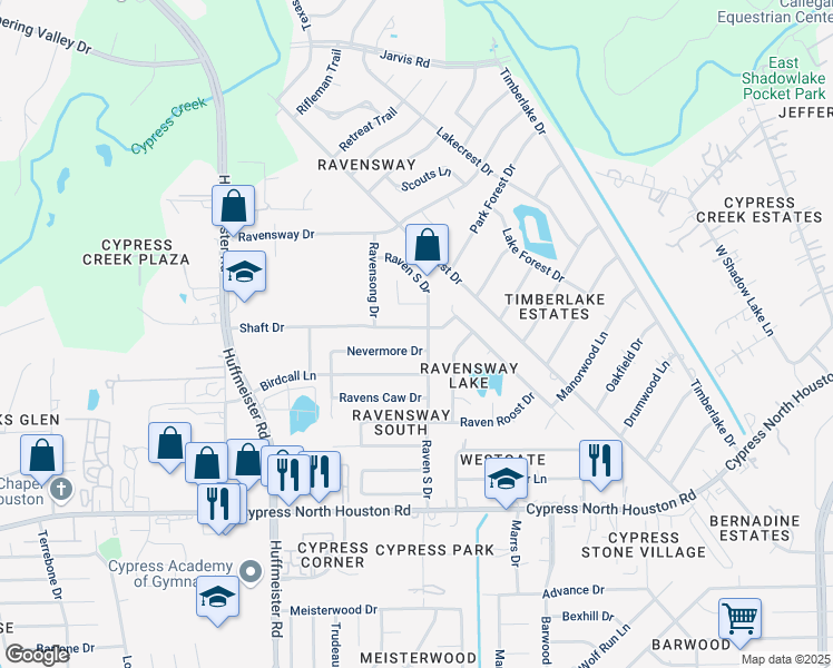 map of restaurants, bars, coffee shops, grocery stores, and more near 13307 Shaft Drive in Cypress