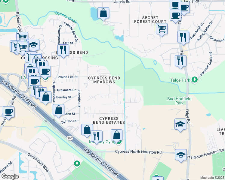 map of restaurants, bars, coffee shops, grocery stores, and more near 12206 Hurst Court in Cypress