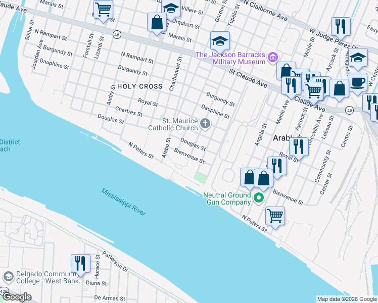 map of restaurants, bars, coffee shops, grocery stores, and more near 6123 Bienvenue Street in New Orleans