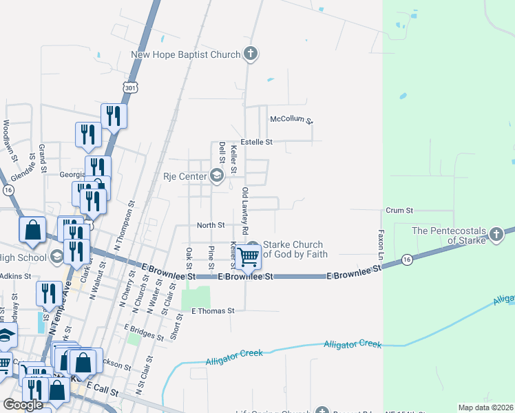 map of restaurants, bars, coffee shops, grocery stores, and more near 1119 Crum Street in Starke