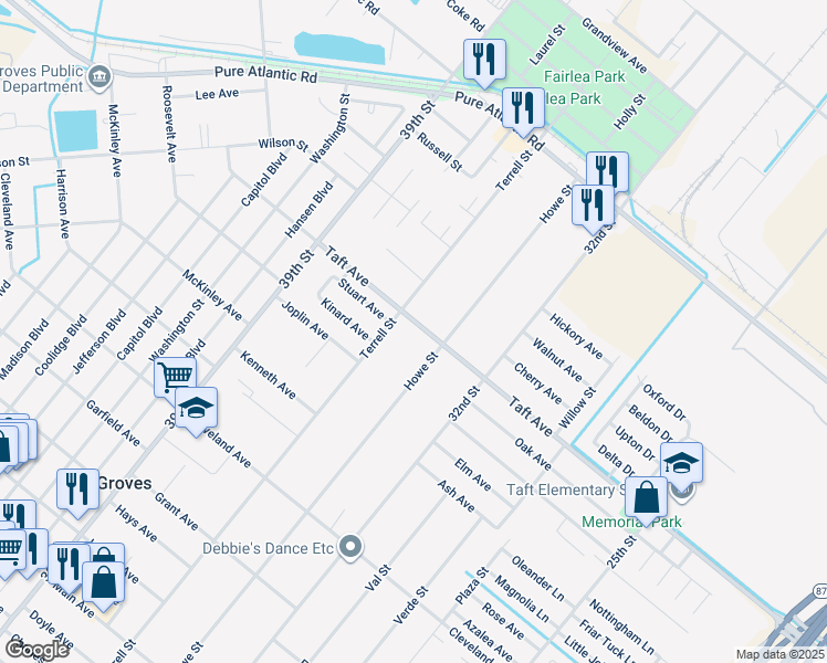 map of restaurants, bars, coffee shops, grocery stores, and more near 3601 Taft Avenue in Groves