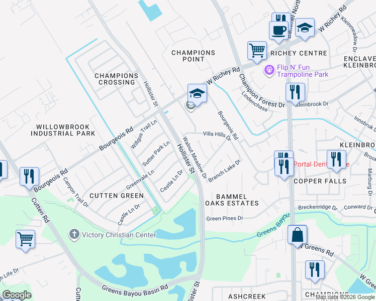 map of restaurants, bars, coffee shops, grocery stores, and more near 11406 Walnut Meadow Drive in Houston