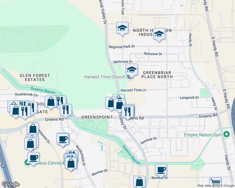 map of restaurants, bars, coffee shops, grocery stores, and more near 17977 Imperial Valley Drive in Houston