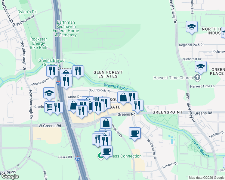 map of restaurants, bars, coffee shops, grocery stores, and more near 311 Southbrook Circle in Houston