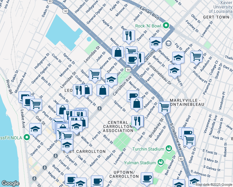 map of restaurants, bars, coffee shops, grocery stores, and more near 2077 South Carrollton Avenue in New Orleans