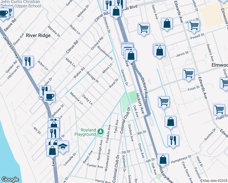map of restaurants, bars, coffee shops, grocery stores, and more near 1107 Rural Street in River Ridge