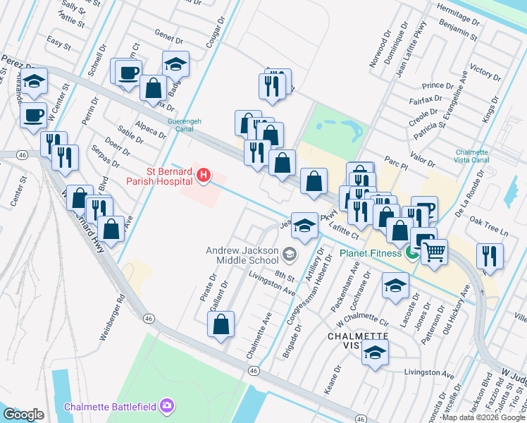 map of restaurants, bars, coffee shops, grocery stores, and more near 8425 Colonel Drive in Chalmette