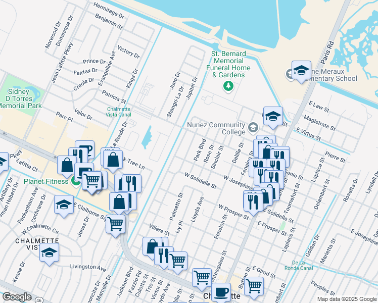 map of restaurants, bars, coffee shops, grocery stores, and more near 3411 Pakenham Drive in Chalmette