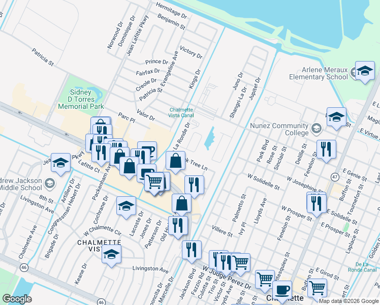 map of restaurants, bars, coffee shops, grocery stores, and more near 32 Philip Court South in Chalmette