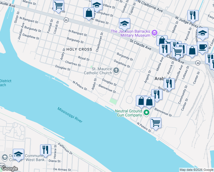 map of restaurants, bars, coffee shops, grocery stores, and more near 6123 Bienvenue Street in New Orleans
