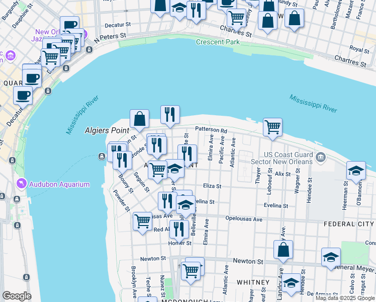 map of restaurants, bars, coffee shops, grocery stores, and more near 732 Pelican Avenue in New Orleans