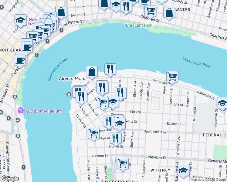 map of restaurants, bars, coffee shops, grocery stores, and more near 618 Pelican Avenue in New Orleans