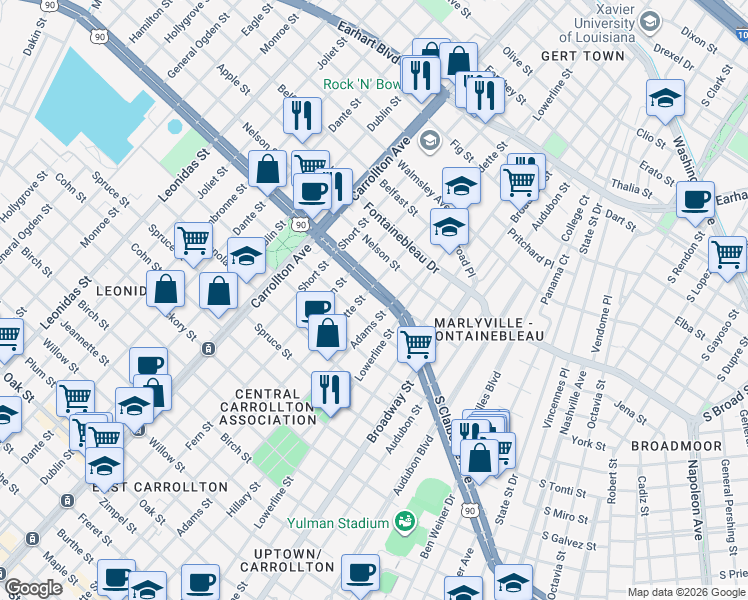 map of restaurants, bars, coffee shops, grocery stores, and more near 2332 Burdette Street in New Orleans