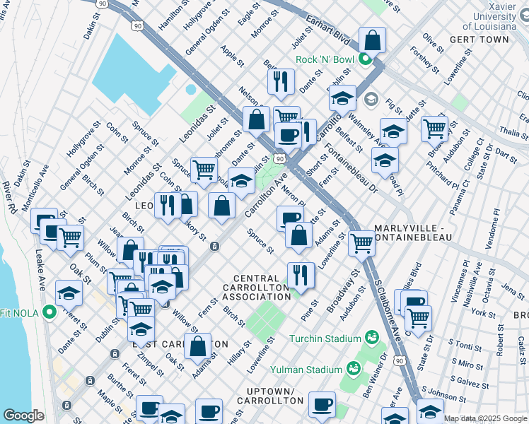 map of restaurants, bars, coffee shops, grocery stores, and more near 8002 Sycamore Street in New Orleans