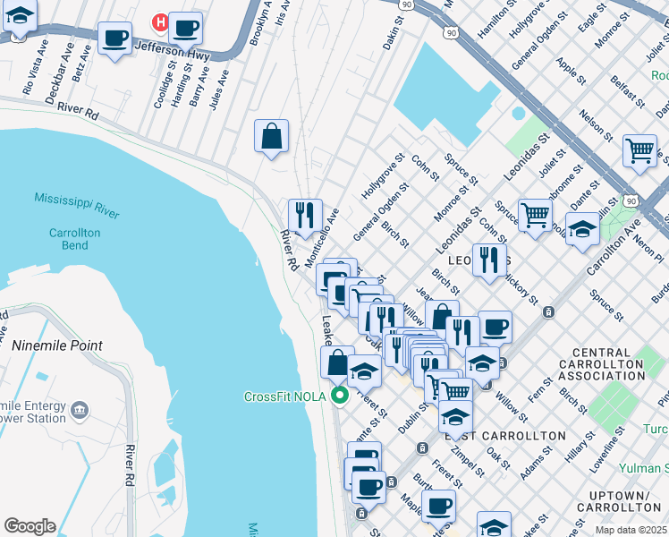 map of restaurants, bars, coffee shops, grocery stores, and more near 8823 Plum Street in New Orleans