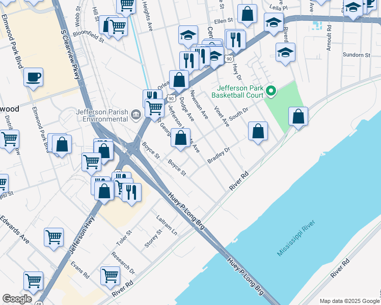 map of restaurants, bars, coffee shops, grocery stores, and more near 233 Saint George Avenue in New Orleans