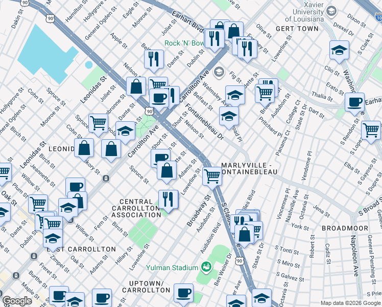 map of restaurants, bars, coffee shops, grocery stores, and more near 2332 Burdette Street in New Orleans