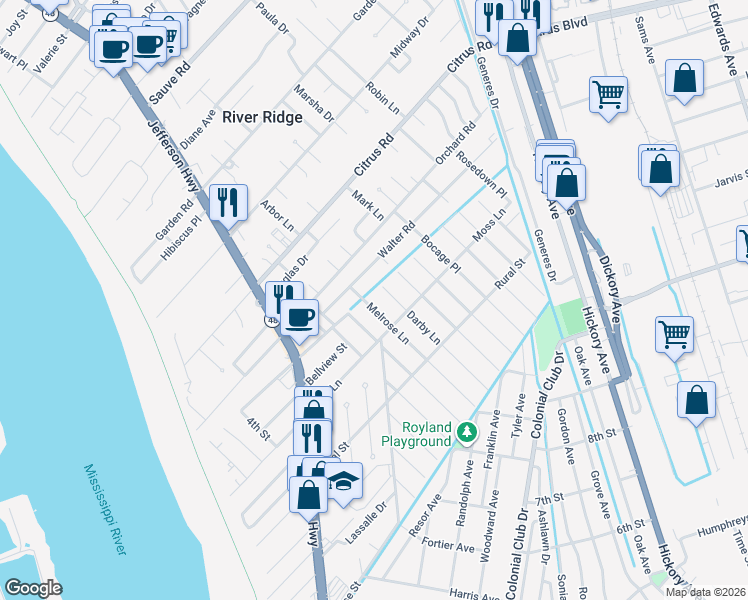 map of restaurants, bars, coffee shops, grocery stores, and more near 239 Walter Road in River Ridge