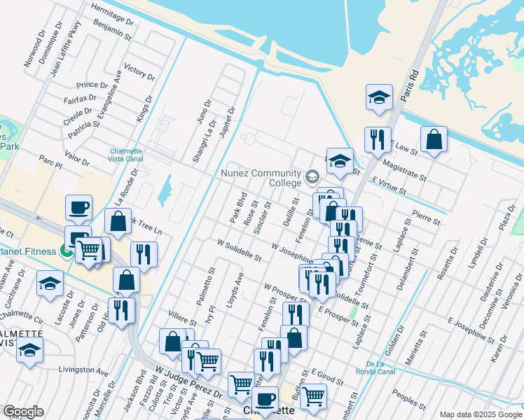 map of restaurants, bars, coffee shops, grocery stores, and more near 3506 Sinclair Street in Chalmette
