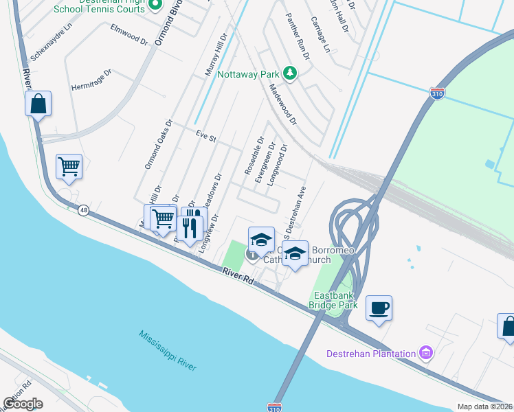map of restaurants, bars, coffee shops, grocery stores, and more near 3773 Tara Drive in Destrehan