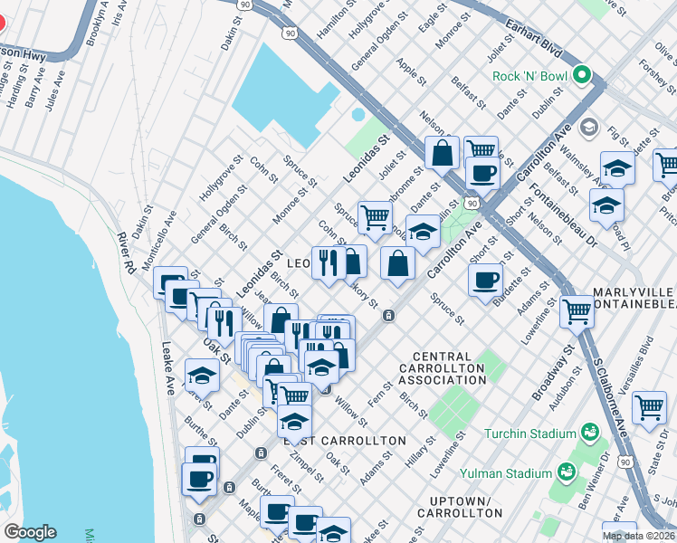 map of restaurants, bars, coffee shops, grocery stores, and more near 8325 Hickory Street in New Orleans