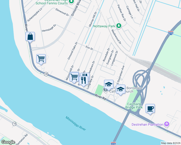 map of restaurants, bars, coffee shops, grocery stores, and more near 234 Meadows Drive in Destrehan