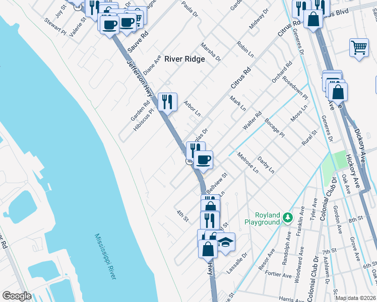 map of restaurants, bars, coffee shops, grocery stores, and more near 9446 Jefferson Highway in River Ridge