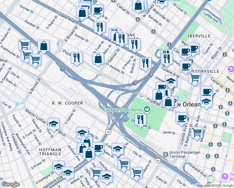 map of restaurants, bars, coffee shops, grocery stores, and more near 1960 Lafayette Street in New Orleans