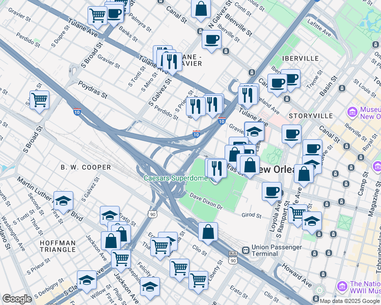 map of restaurants, bars, coffee shops, grocery stores, and more near 1902 Poydras Street in New Orleans