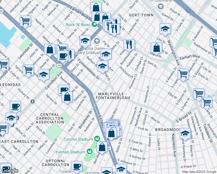 map of restaurants, bars, coffee shops, grocery stores, and more near 2525 Broadway Street in New Orleans