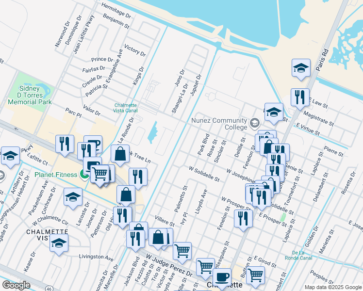 map of restaurants, bars, coffee shops, grocery stores, and more near 3411 Pakenham Drive in Chalmette