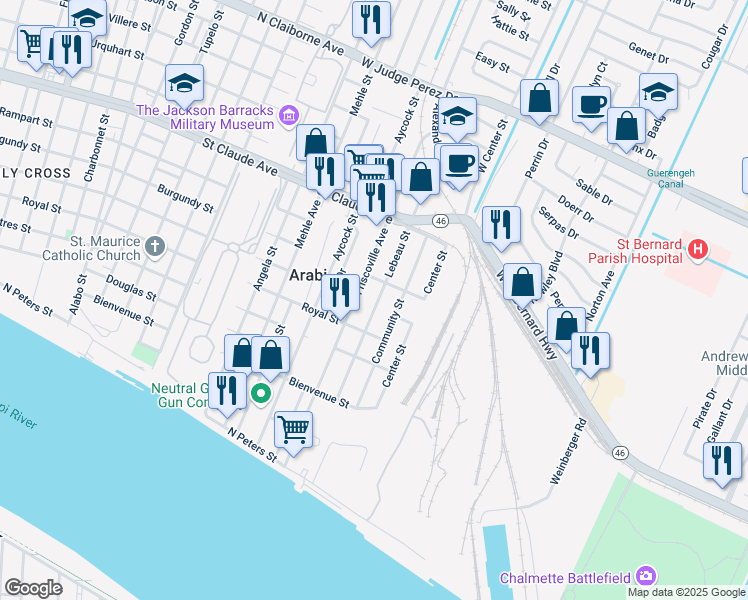 map of restaurants, bars, coffee shops, grocery stores, and more near 815 Friscoville Avenue in Arabi