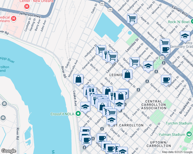 map of restaurants, bars, coffee shops, grocery stores, and more near 8627 Jeannette Street in New Orleans