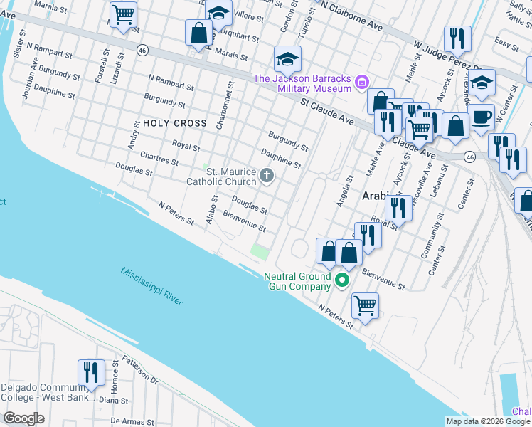 map of restaurants, bars, coffee shops, grocery stores, and more near 432 Tricou Street in New Orleans