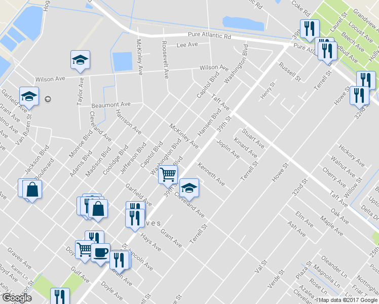 map of restaurants, bars, coffee shops, grocery stores, and more near 6658 Hansen Boulevard in Groves
