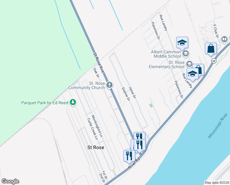map of restaurants, bars, coffee shops, grocery stores, and more near 613 Saint Rose Avenue in Saint Rose