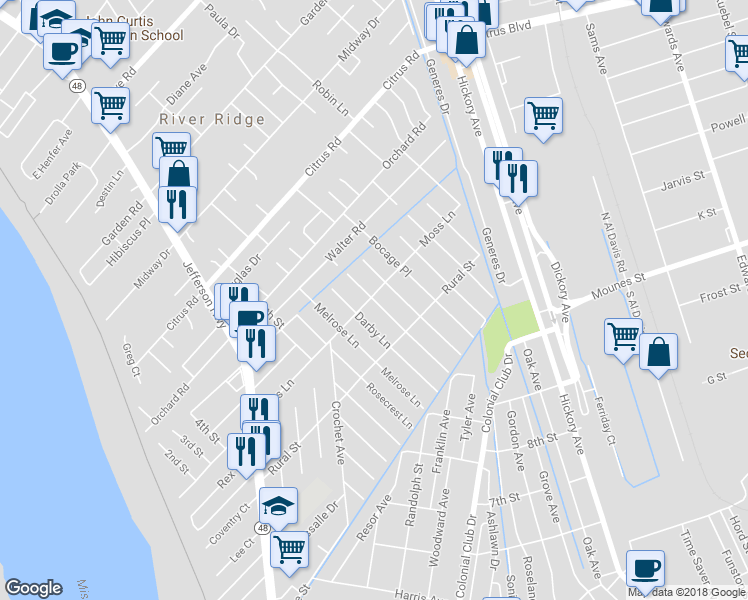 map of restaurants, bars, coffee shops, grocery stores, and more near 901 Moss Lane in River Ridge