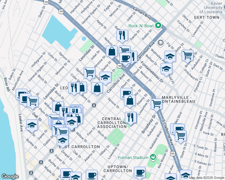 map of restaurants, bars, coffee shops, grocery stores, and more near 2077 South Carrollton Avenue in New Orleans