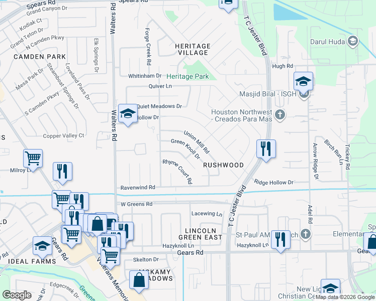 map of restaurants, bars, coffee shops, grocery stores, and more near 2307 Green Knoll Drive in Houston