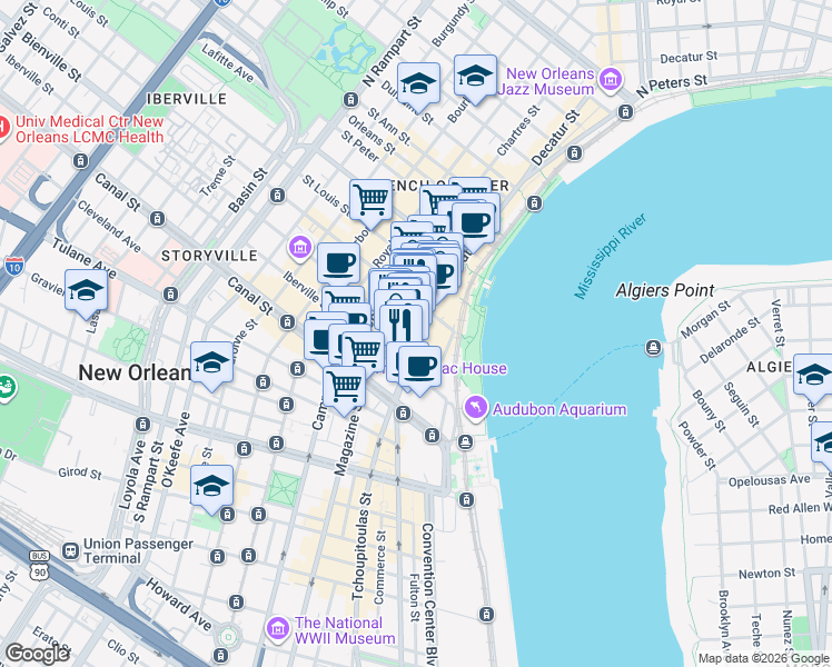 map of restaurants, bars, coffee shops, grocery stores, and more near 329 Decatur Street in New Orleans