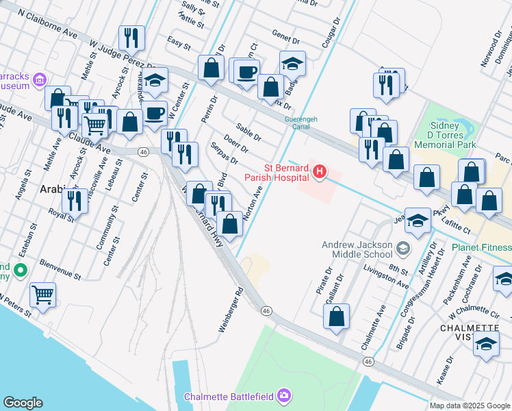 map of restaurants, bars, coffee shops, grocery stores, and more near 309 Norton Avenue in Arabi