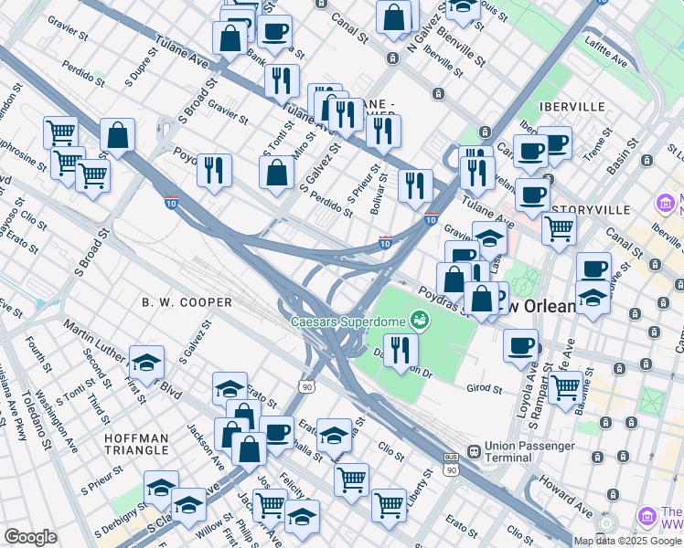 map of restaurants, bars, coffee shops, grocery stores, and more near 1960 Lafayette Street in New Orleans